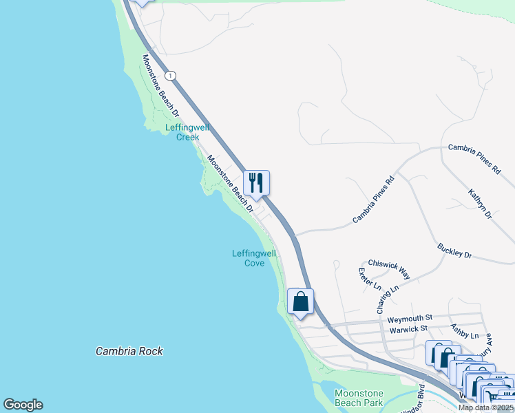 map of restaurants, bars, coffee shops, grocery stores, and more near 6570 Moonstone Beach Drive in Cambria