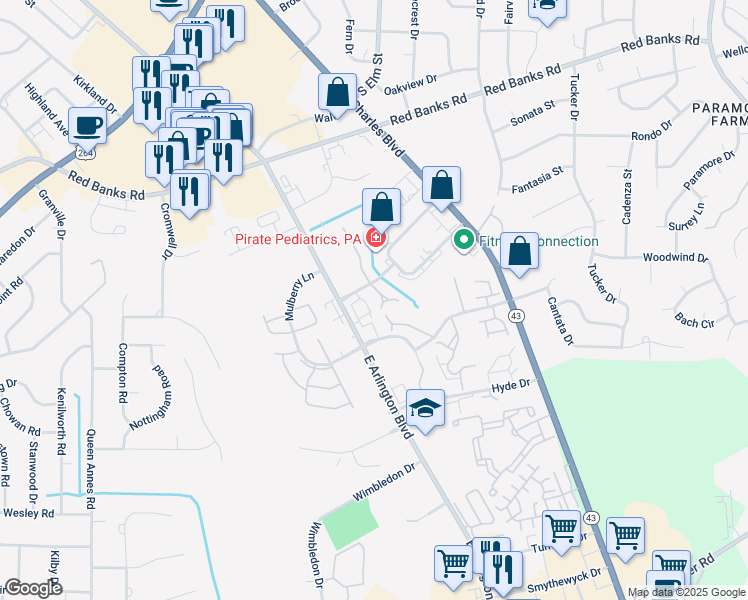 map of restaurants, bars, coffee shops, grocery stores, and more near 1102 Turtle Creek Road in Greenville