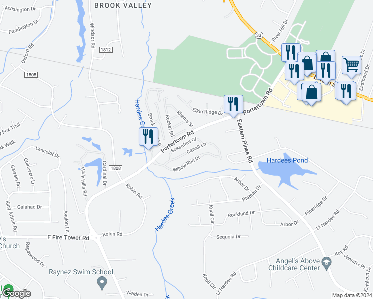 map of restaurants, bars, coffee shops, grocery stores, and more near 3613 Cattail Lane in Greenville