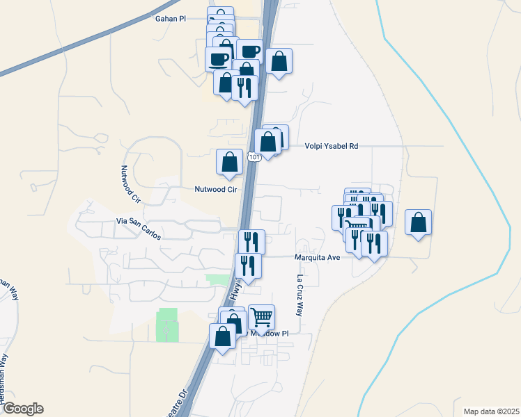 map of restaurants, bars, coffee shops, grocery stores, and more near 2818 Ramada Drive in Paso Robles