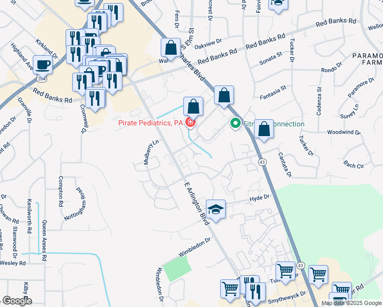 map of restaurants, bars, coffee shops, grocery stores, and more near 2731 Townes Drive in Greenville