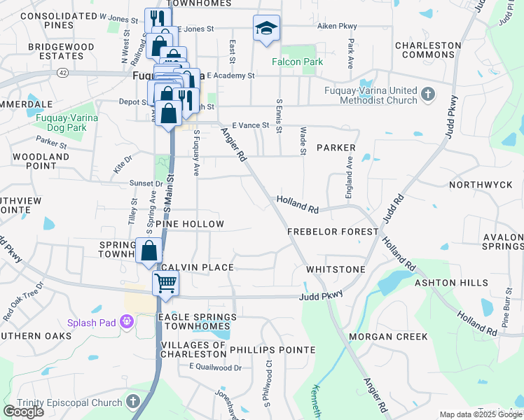 map of restaurants, bars, coffee shops, grocery stores, and more near 217 Pine Street in Fuquay-Varina