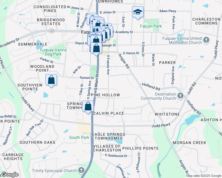 map of restaurants, bars, coffee shops, grocery stores, and more near 609 South Fuquay Avenue in Fuquay-Varina