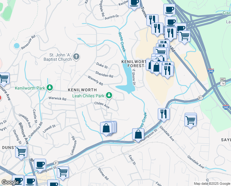 map of restaurants, bars, coffee shops, grocery stores, and more near 136 Lakewood Drive in Asheville