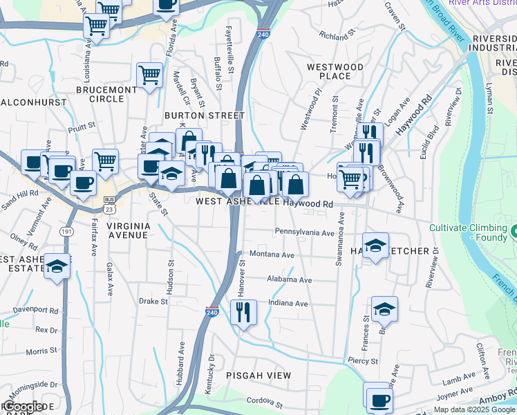 map of restaurants, bars, coffee shops, grocery stores, and more near 29 Richmond Avenue in Asheville