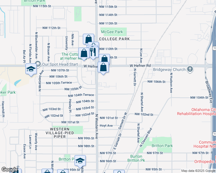 map of restaurants, bars, coffee shops, grocery stores, and more near 937 Northwest 104th Street in Oklahoma City