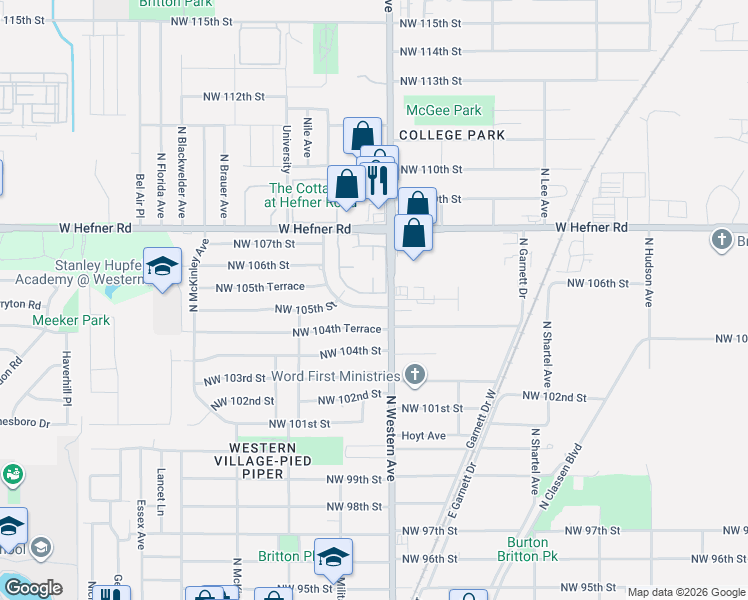 map of restaurants, bars, coffee shops, grocery stores, and more near 1100 Northwest 105th Street in Oklahoma City