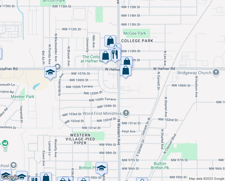 map of restaurants, bars, coffee shops, grocery stores, and more near 1124 Northwest 105th Street in Oklahoma City