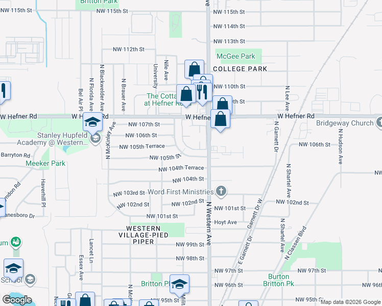 map of restaurants, bars, coffee shops, grocery stores, and more near 1124 Northwest 105th Street in Oklahoma City