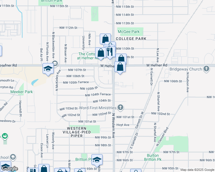 map of restaurants, bars, coffee shops, grocery stores, and more near 1124 Northwest 105th Street in Oklahoma City