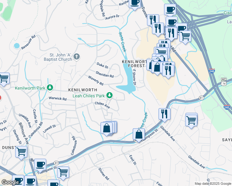 map of restaurants, bars, coffee shops, grocery stores, and more near 136 Lakewood Drive in Asheville