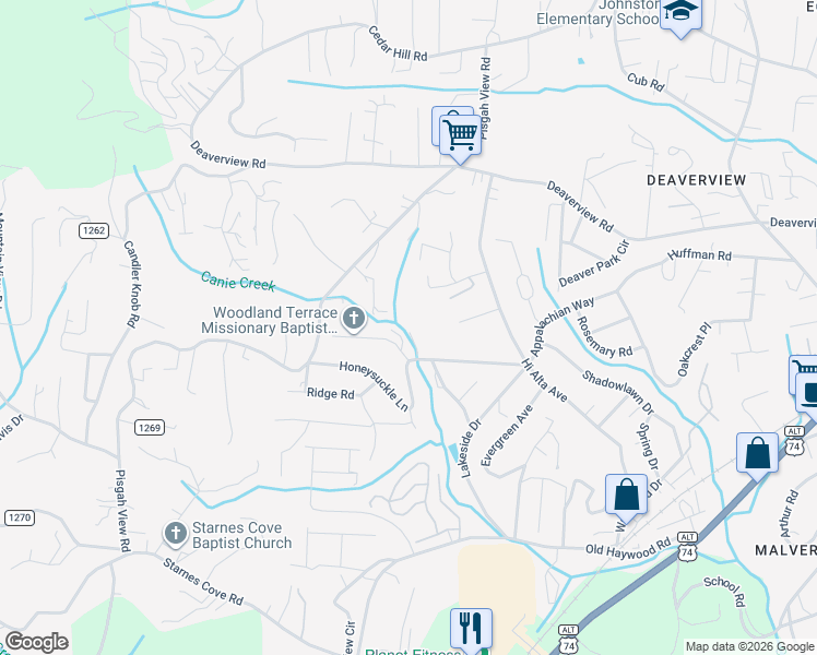 map of restaurants, bars, coffee shops, grocery stores, and more near 19 Stone Cottage Road in Asheville