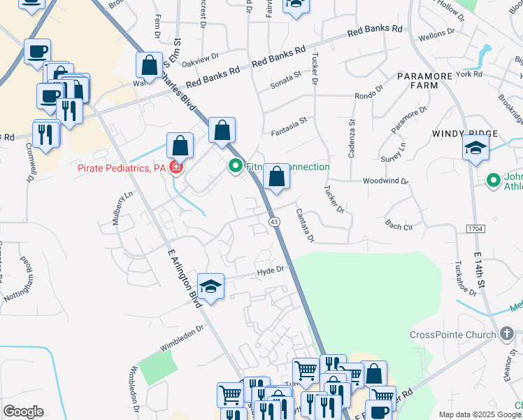 map of restaurants, bars, coffee shops, grocery stores, and more near 7 Upton Court Drive in Greenville