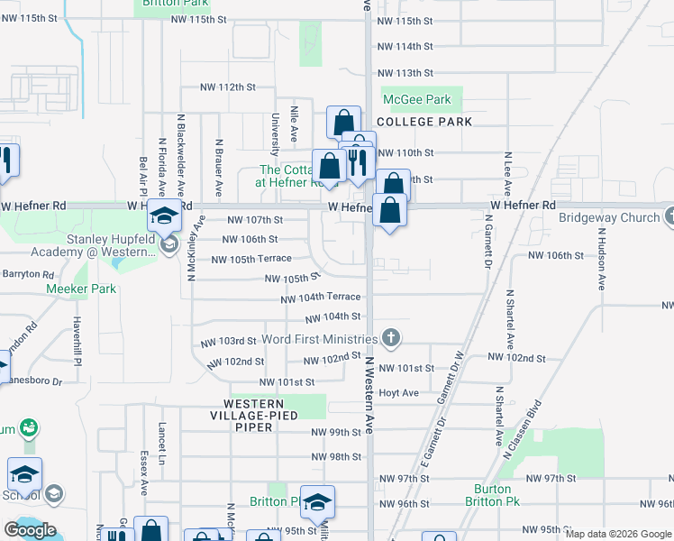 map of restaurants, bars, coffee shops, grocery stores, and more near 1124 Northwest 105th Street in Oklahoma City