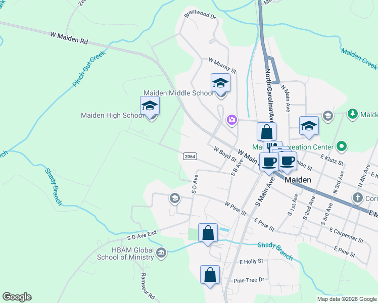 map of restaurants, bars, coffee shops, grocery stores, and more near 417 West Carpenter Street in Maiden