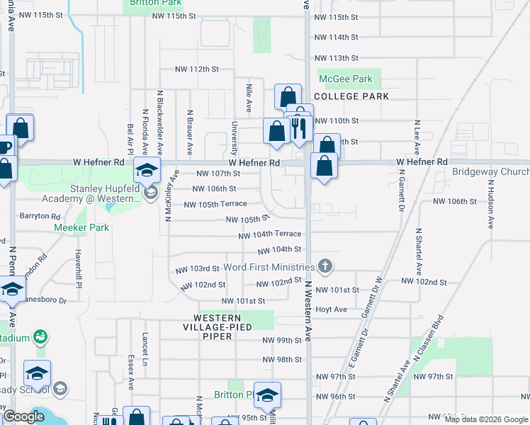 map of restaurants, bars, coffee shops, grocery stores, and more near 1220 Northwest 105th Street in Oklahoma City