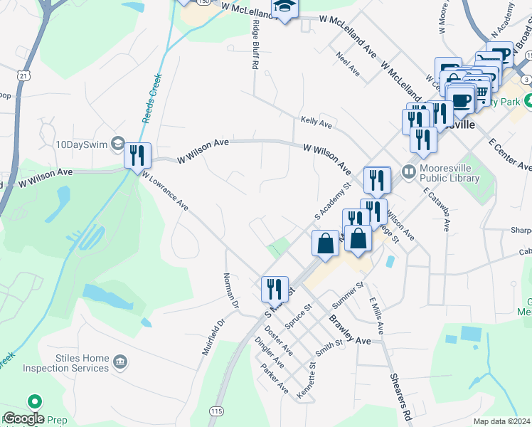 map of restaurants, bars, coffee shops, grocery stores, and more near 335 Messick Avenue in Mooresville
