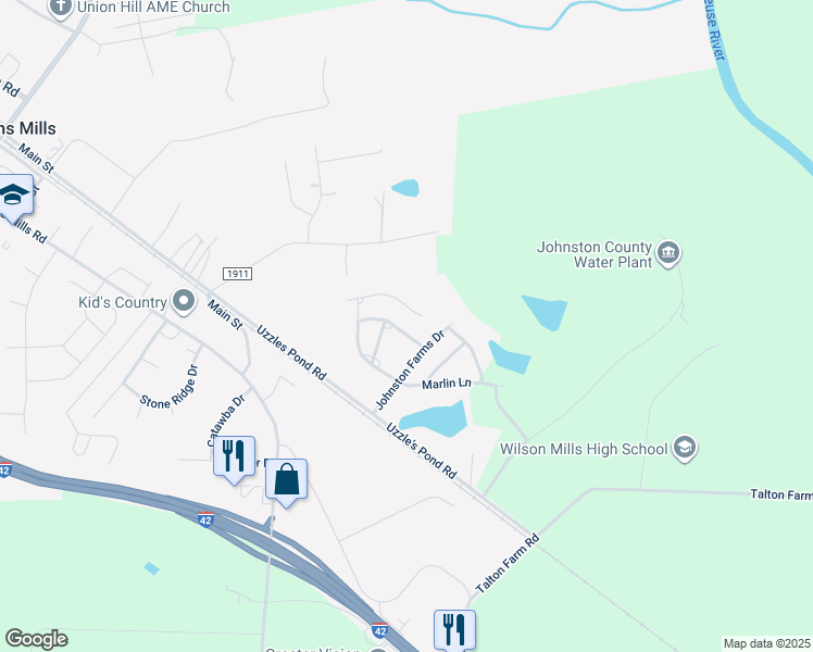 map of restaurants, bars, coffee shops, grocery stores, and more near 62 Rocks Edge Lane in Smithfield