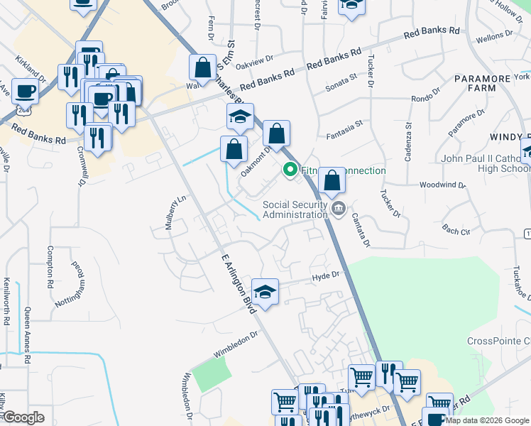 map of restaurants, bars, coffee shops, grocery stores, and more near 2712 Townes Drive in Greenville
