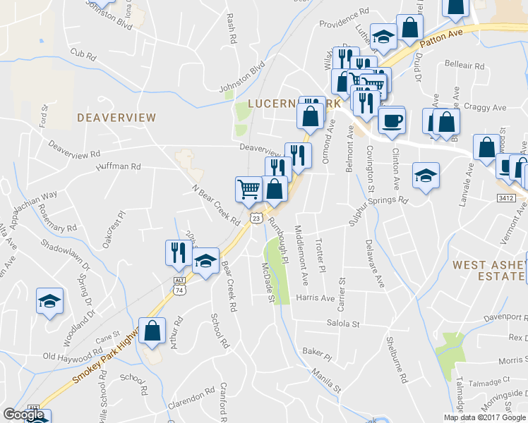 map of restaurants, bars, coffee shops, grocery stores, and more near 21 Mimosa Drive in Asheville