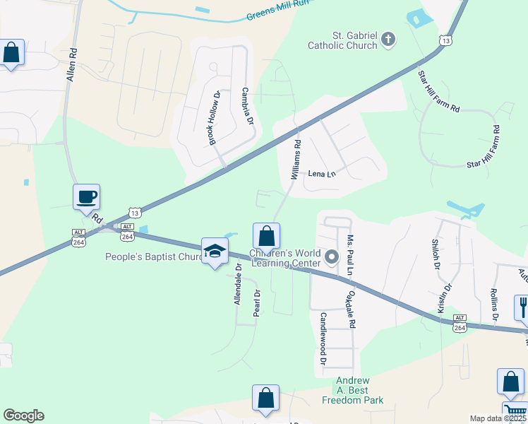 map of restaurants, bars, coffee shops, grocery stores, and more near 3103 Williams Road in Greenville