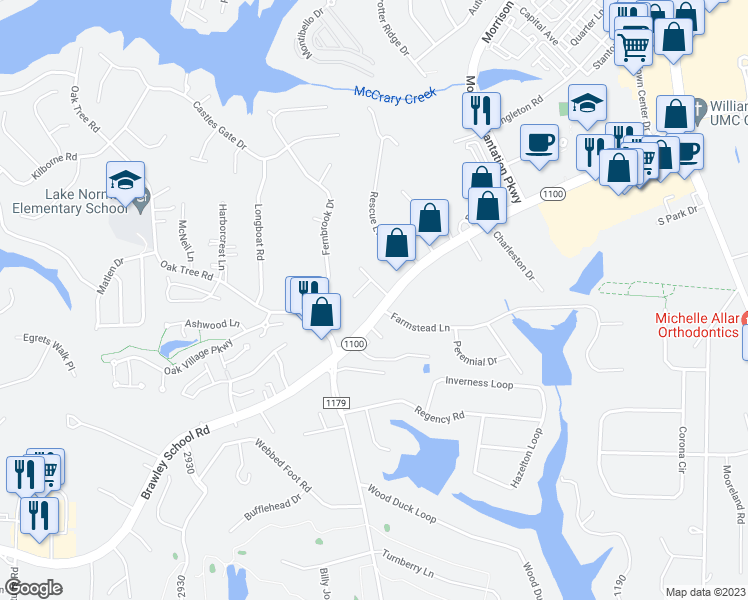 map of restaurants, bars, coffee shops, grocery stores, and more near 885 North Carolina 1100 in Mooresville