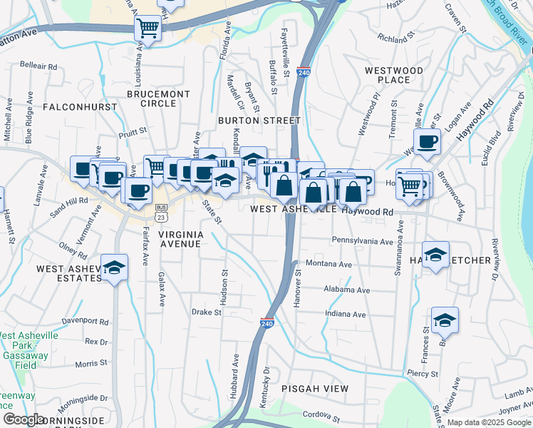 map of restaurants, bars, coffee shops, grocery stores, and more near 32 Parkman Place in Asheville