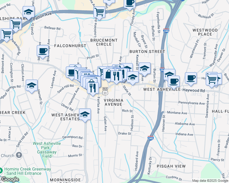 map of restaurants, bars, coffee shops, grocery stores, and more near 49 Nevada Avenue in Asheville