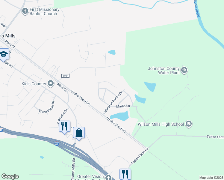 map of restaurants, bars, coffee shops, grocery stores, and more near 62 Rocks Edge Lane in Smithfield