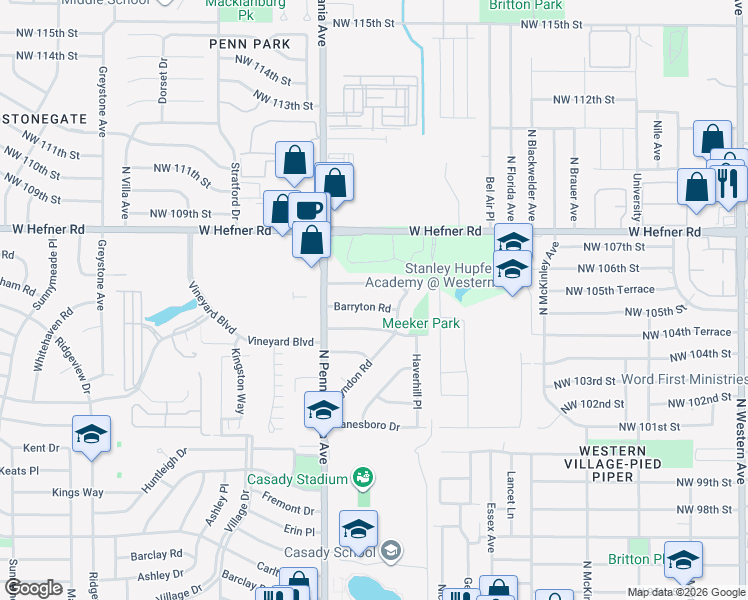 map of restaurants, bars, coffee shops, grocery stores, and more near 10505 Lyndon Road in The Village
