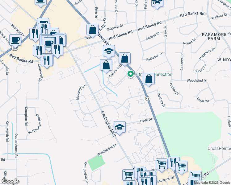 map of restaurants, bars, coffee shops, grocery stores, and more near 2712 Townes Drive in Greenville