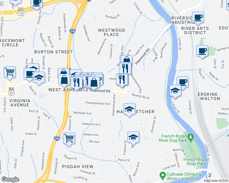 map of restaurants, bars, coffee shops, grocery stores, and more near 1 Swannanoa Avenue in Asheville
