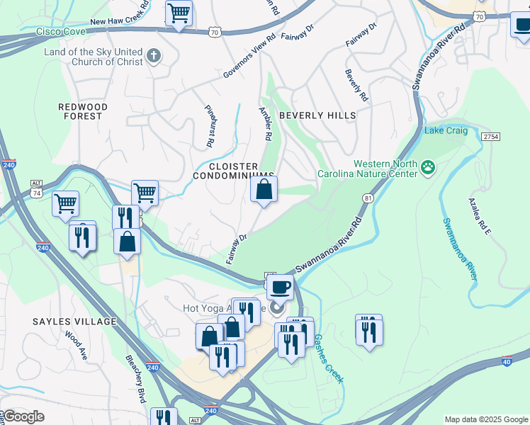 map of restaurants, bars, coffee shops, grocery stores, and more near 42 Gladstone Road in Asheville