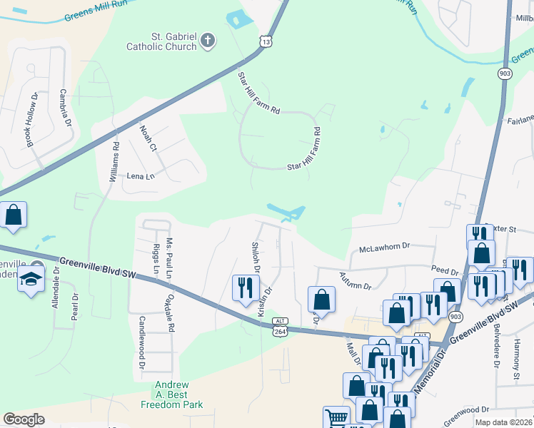 map of restaurants, bars, coffee shops, grocery stores, and more near 301A Alice Drive in Greenville