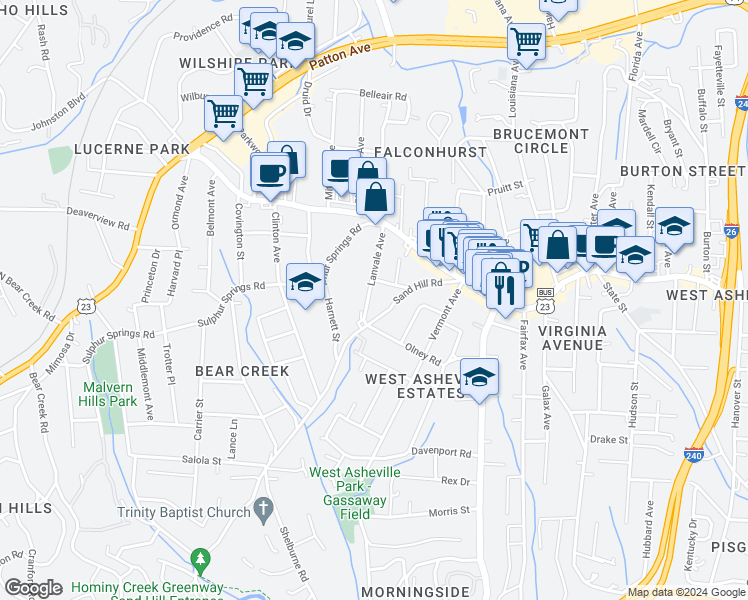 map of restaurants, bars, coffee shops, grocery stores, and more near 76 Lanvale Avenue in Asheville