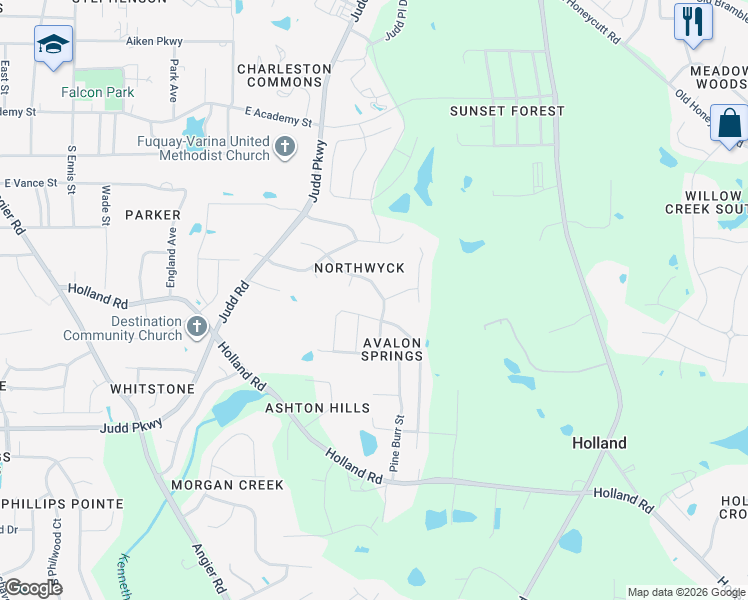 map of restaurants, bars, coffee shops, grocery stores, and more near 920 Old Baron Drive in Fuquay-Varina