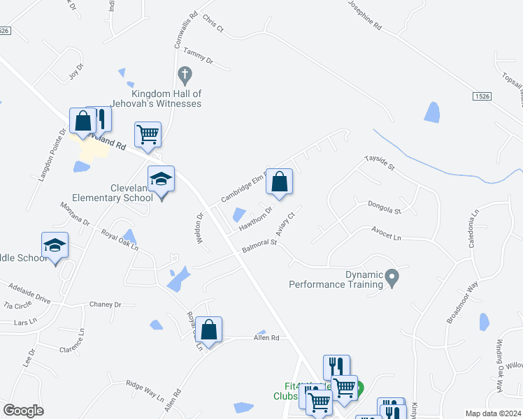 map of restaurants, bars, coffee shops, grocery stores, and more near 105 Wimbledon Court in Clayton