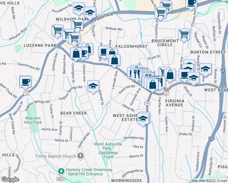 map of restaurants, bars, coffee shops, grocery stores, and more near 76 Lanvale Avenue in Asheville