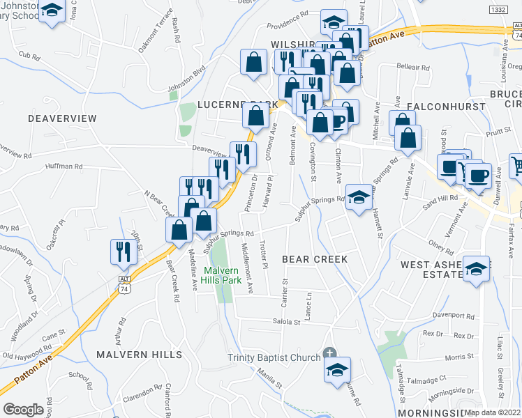 map of restaurants, bars, coffee shops, grocery stores, and more near 43 Harvard Place in Asheville