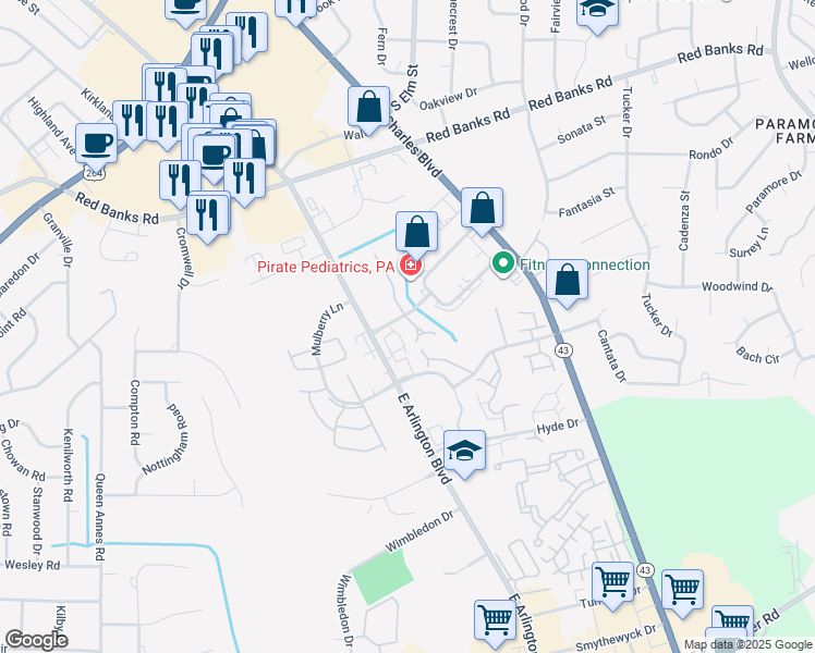 map of restaurants, bars, coffee shops, grocery stores, and more near 1100 Turtle Creek Road in Greenville