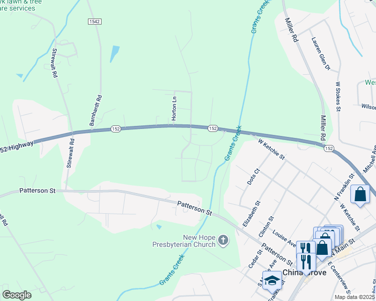 map of restaurants, bars, coffee shops, grocery stores, and more near 504 Berrybeth Circle in China Grove