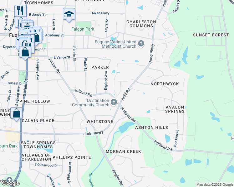 map of restaurants, bars, coffee shops, grocery stores, and more near 540 Barneswyck Drive in Fuquay-Varina