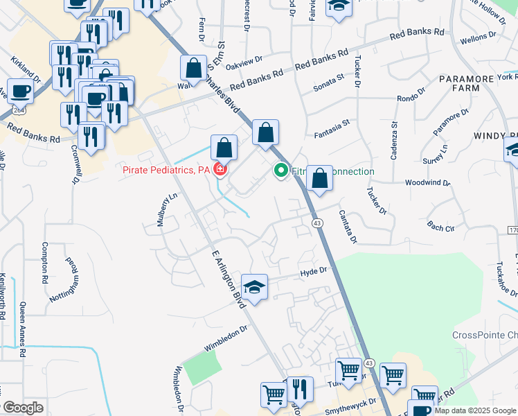 map of restaurants, bars, coffee shops, grocery stores, and more near 22 Oakmont Drive in Greenville
