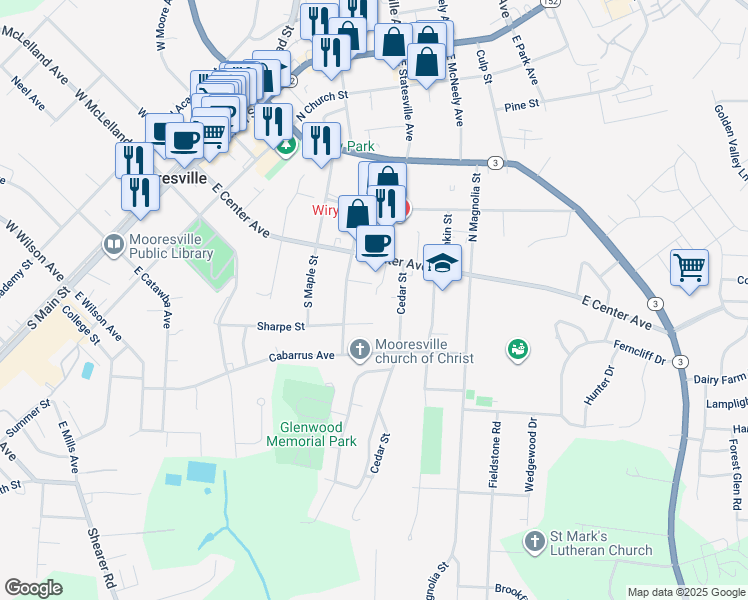 map of restaurants, bars, coffee shops, grocery stores, and more near 519 East Statesville Avenue in Mooresville