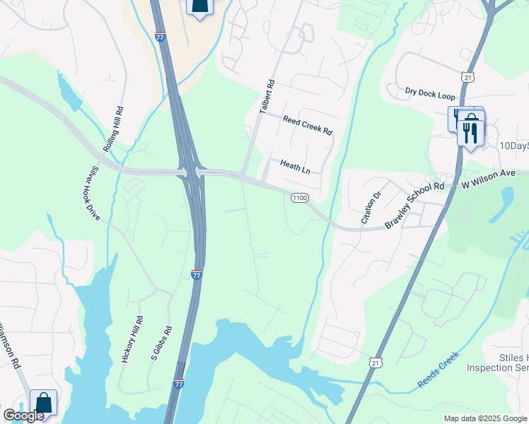 map of restaurants, bars, coffee shops, grocery stores, and more near Sunfish Drive in Mooresville