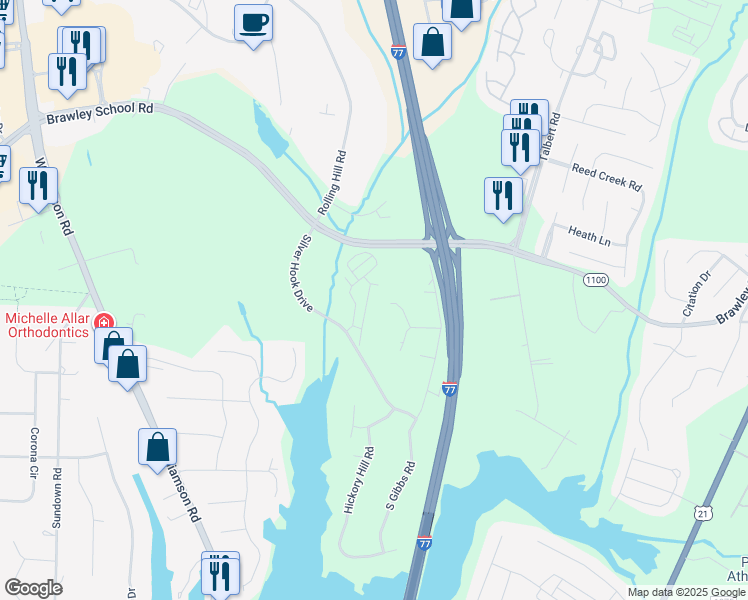 map of restaurants, bars, coffee shops, grocery stores, and more near 125 Forest Ridge Road in Mooresville
