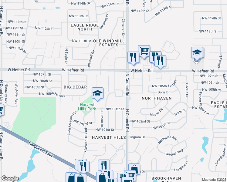 map of restaurants, bars, coffee shops, grocery stores, and more near 10805 N Council Rd in Oklahoma City