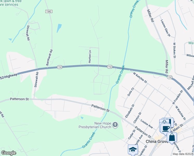 map of restaurants, bars, coffee shops, grocery stores, and more near 504 Berrybeth Circle in China Grove