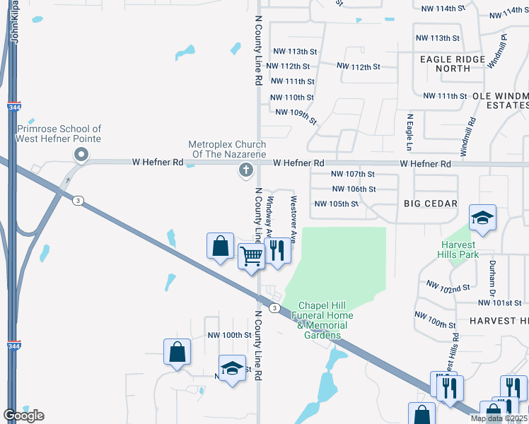 map of restaurants, bars, coffee shops, grocery stores, and more near 10509 Windway Avenue in Oklahoma City