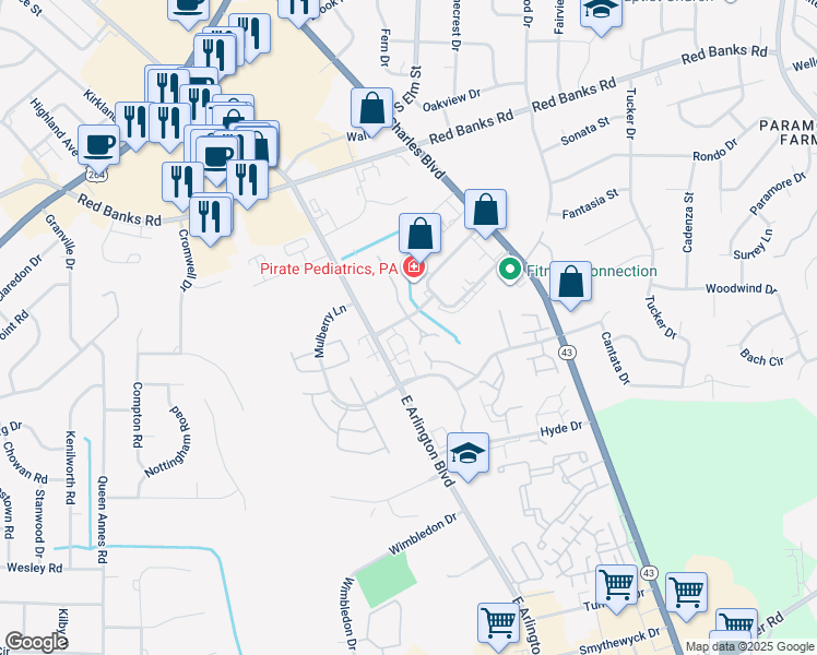 map of restaurants, bars, coffee shops, grocery stores, and more near 1100 Turtle Creek Road in Greenville